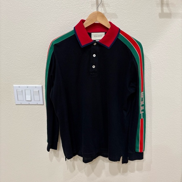 ⭐️GUCCI Black Logo Polo Long Sleeve Shirt—Striped Sleeves—Preppy—Like New!Size M - Picture 1 of 8